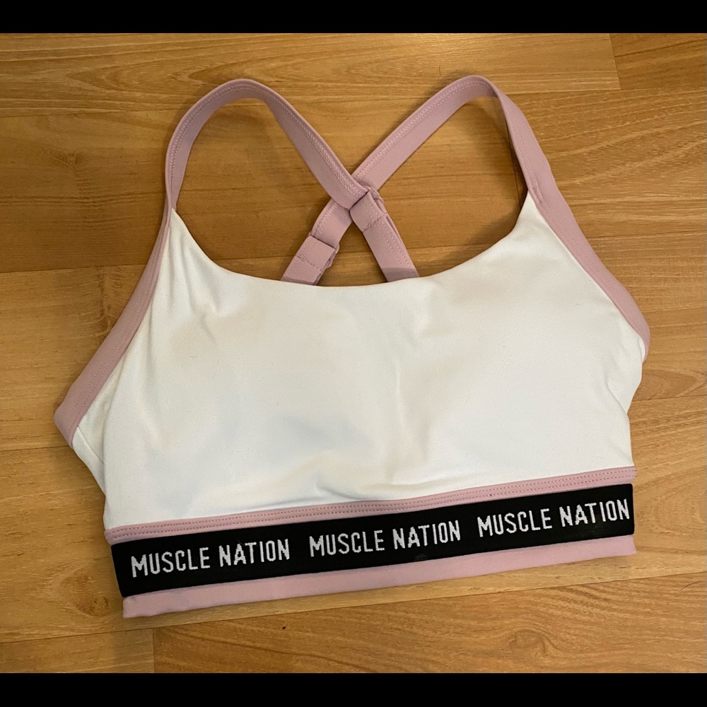 White Muscle Nation logo sports bra